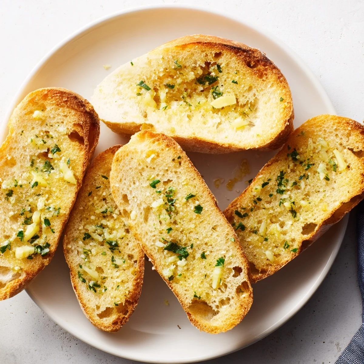 Warm, aromatic Garlic Bread, sliced and ready to eat, a simple comfort food with crispy edges.