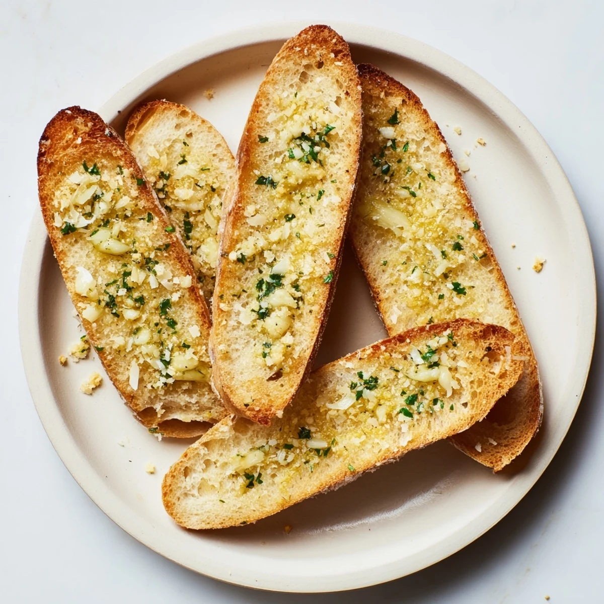 Close-up of baked Garlic Bread, showing the bubbling garlic butter and a sprinkle of Parmesan, ready to serve.
