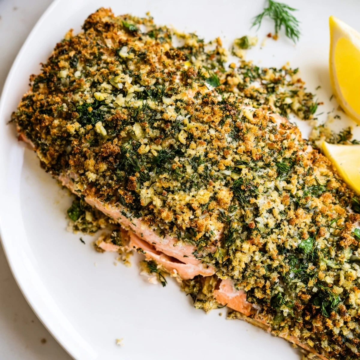 Golden, crispy crusted salmon served with bright lemon wedges and a delectable, moist interior.