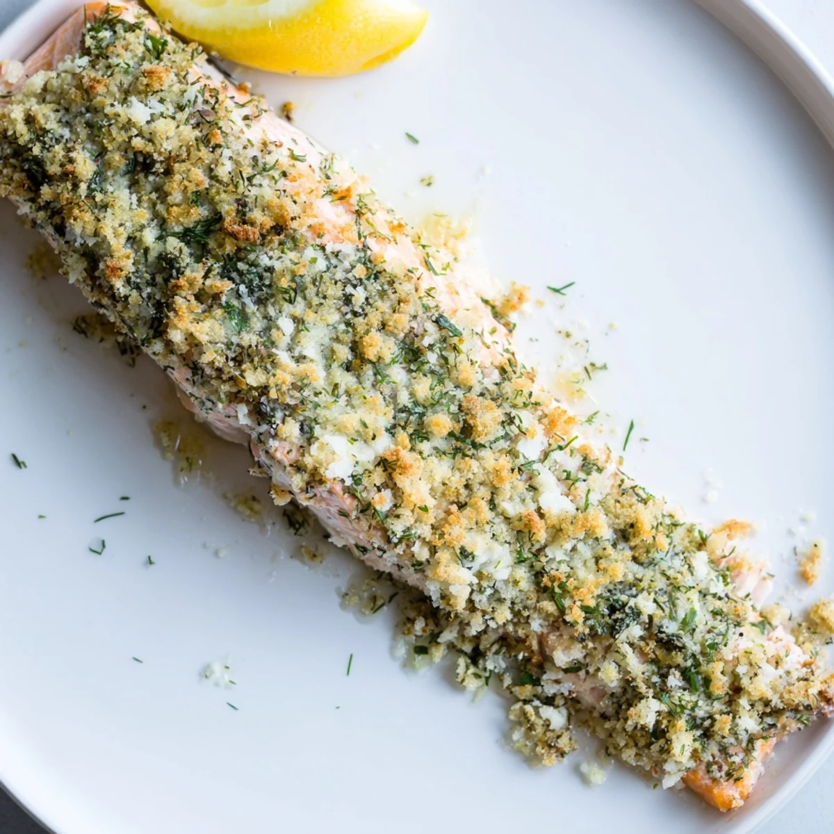 Perfectly cooked crusted salmon with a crunchy crust, ideal main course for a pescatarian diet.