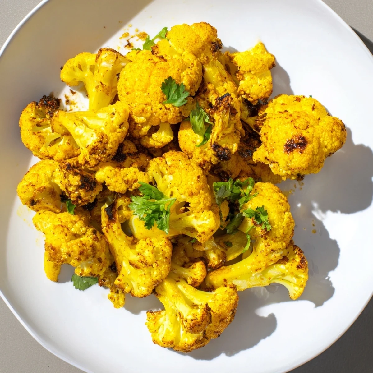 Golden roasted turmeric cauliflower florets, bursting with warm spices, ready to serve as a side.