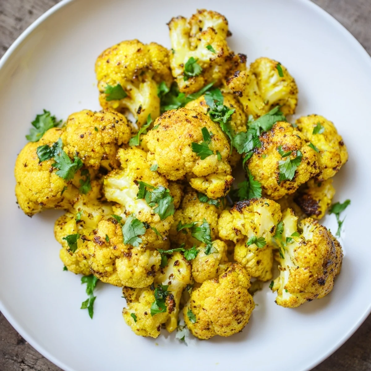 A close-up of beautifully browned turmeric cauliflower; perfect for a vegan, gluten-free dinner idea.