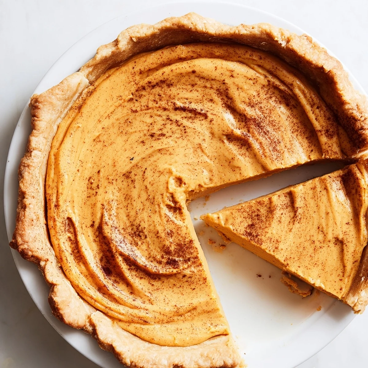A slice of golden Sweet Potato Pie, a dessert with a creamy filling ready to be enjoyed.