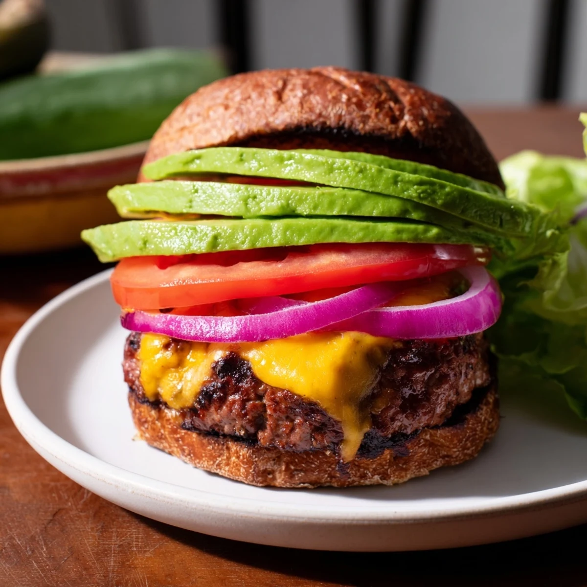 Imagine biting into this flavorful avocado burger with a soft bun, fresh, crisp lettuce, and toppings.