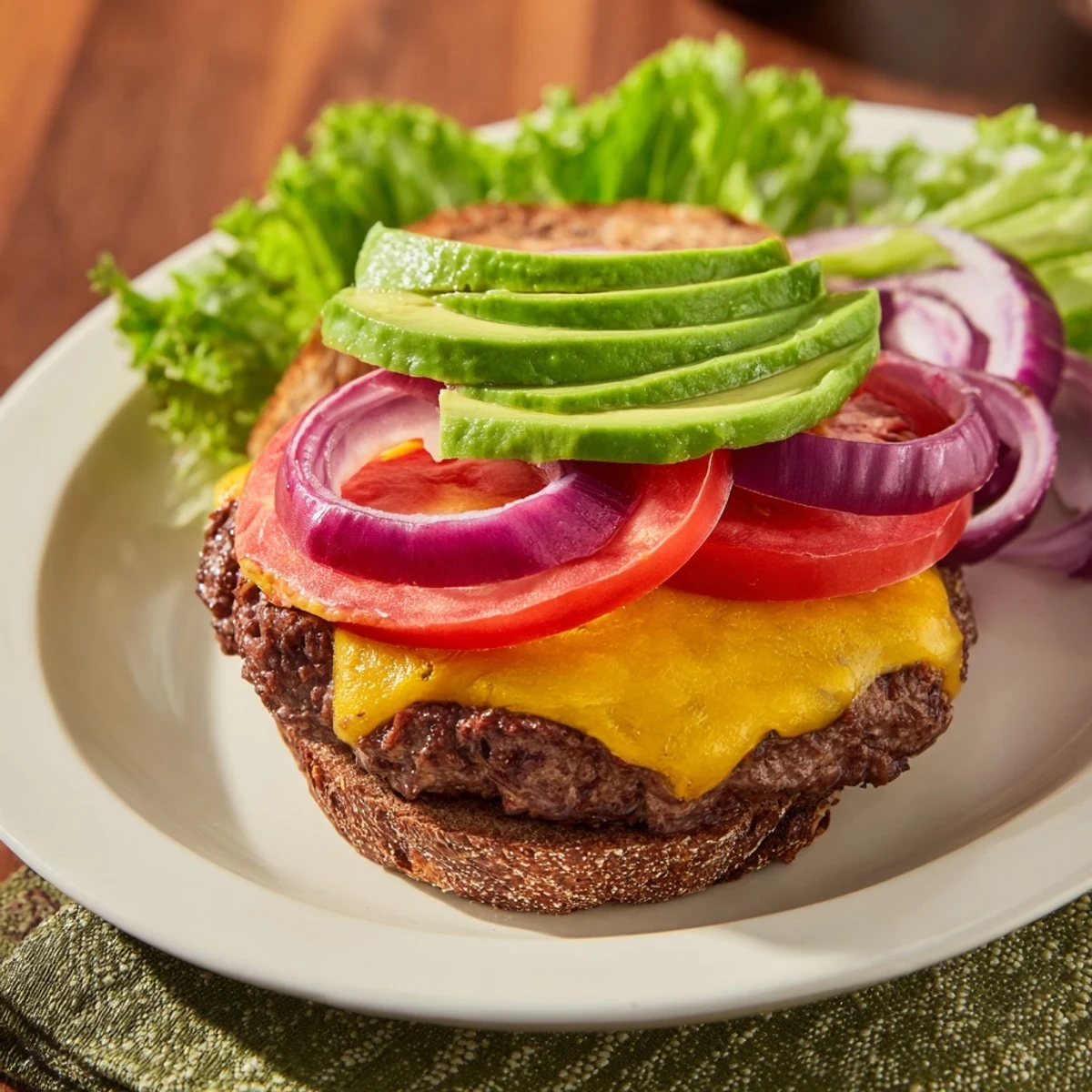 This delicious avocado burger shows a perfectly grilled patty paired with ripe, red tomato slices.