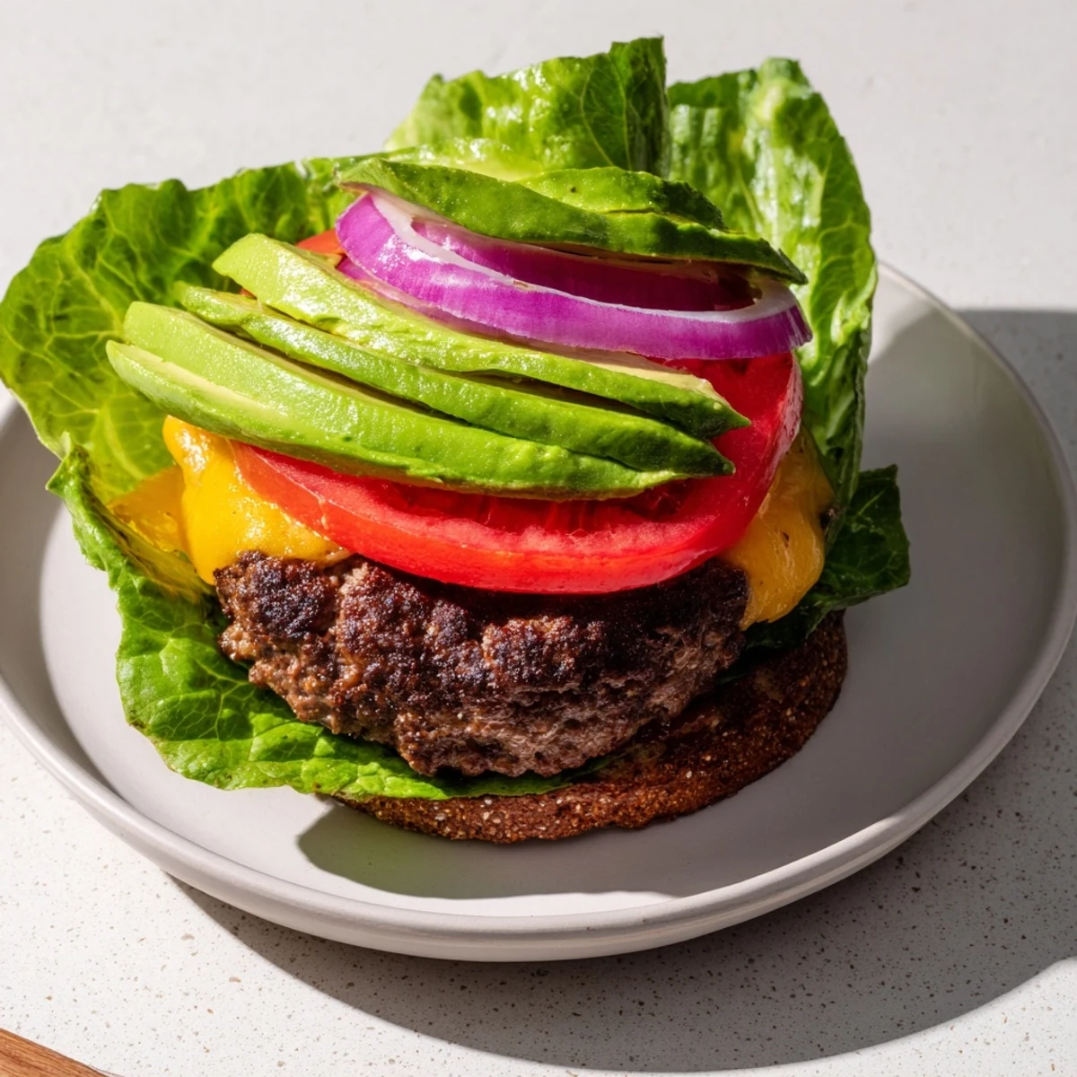 A juicy avocado burger, stacked high with fresh toppings and oozing creamy avocado slices.