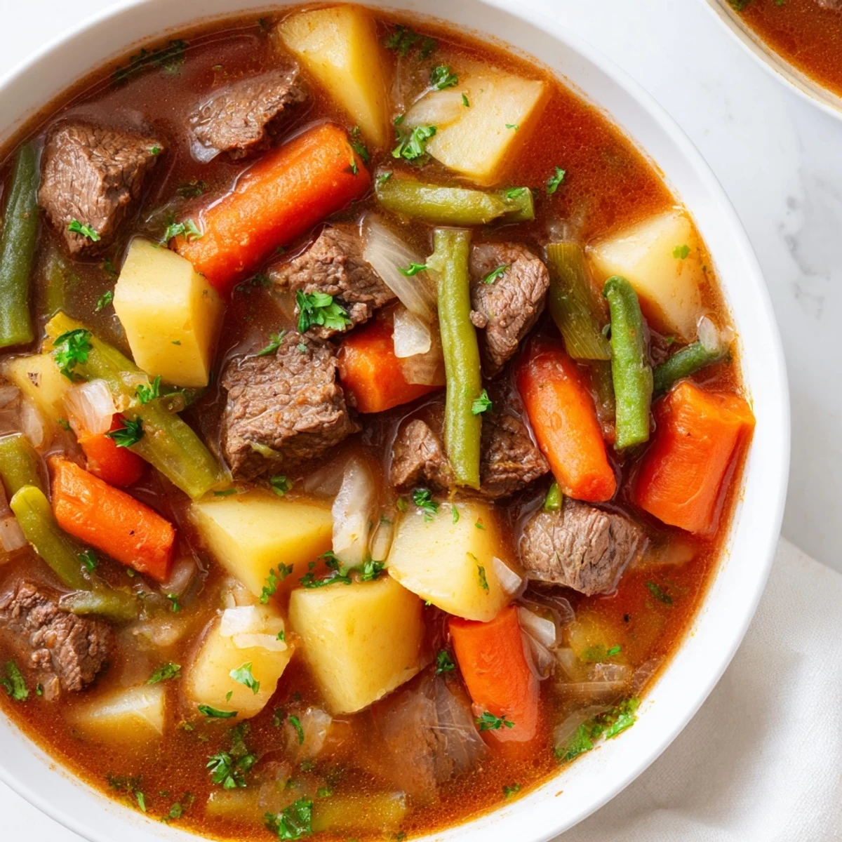 Steaming bowl of beef soup with tender meat and vegetables, ready to serve with crusty bread.