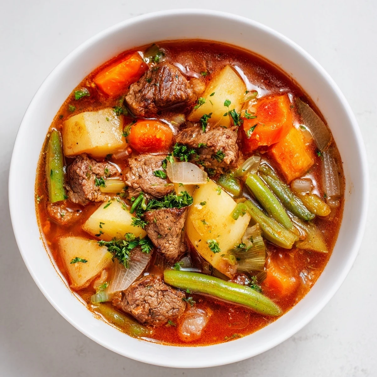 Close-up of a flavorful beef soup, showcasing seared meat and a rich broth, ideal for dinner.