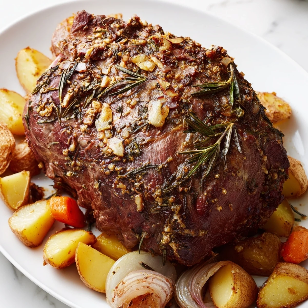 Succulent meat roasted with herbs, a flavorful and aromatic dish, served with roasted vegetables.