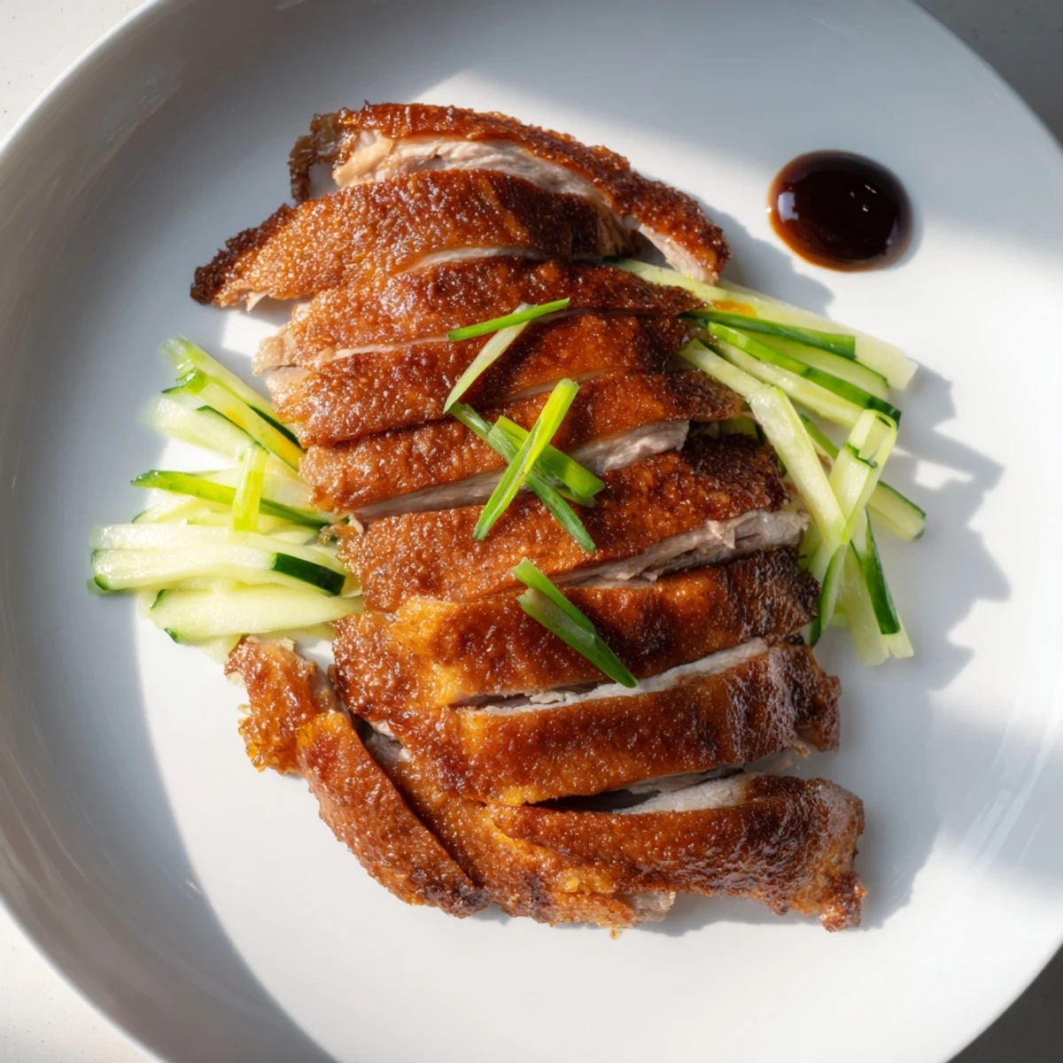 Golden-brown crispy duck, expertly carved, ready for serving with fresh vegetables and flavorful sauces.