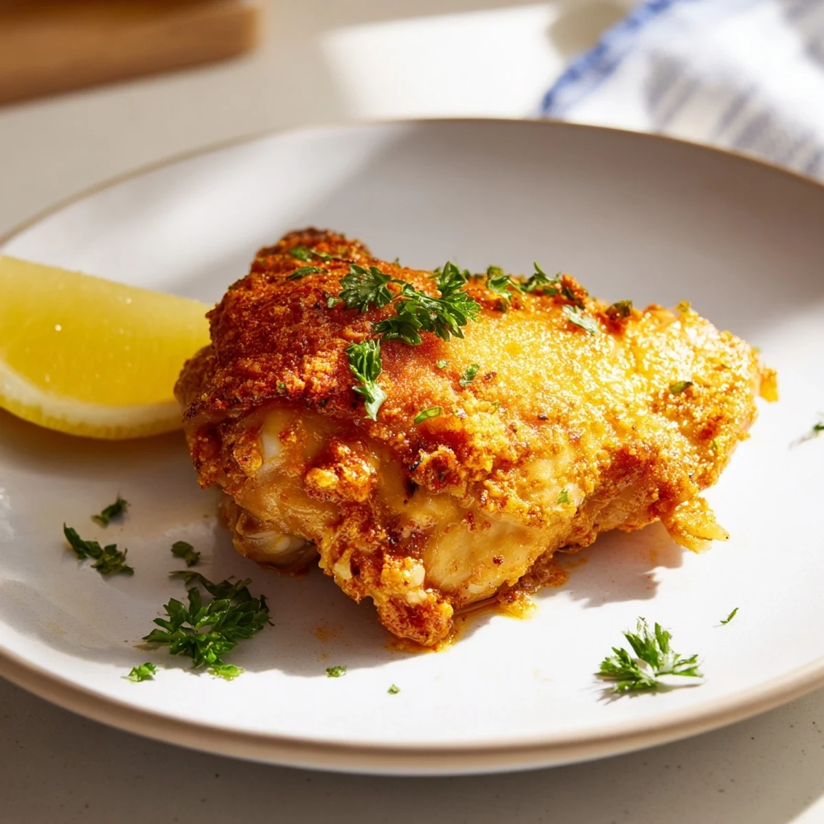 Golden-brown baked chicken, glistening from the oven, served with fresh parsley and lemon wedges.