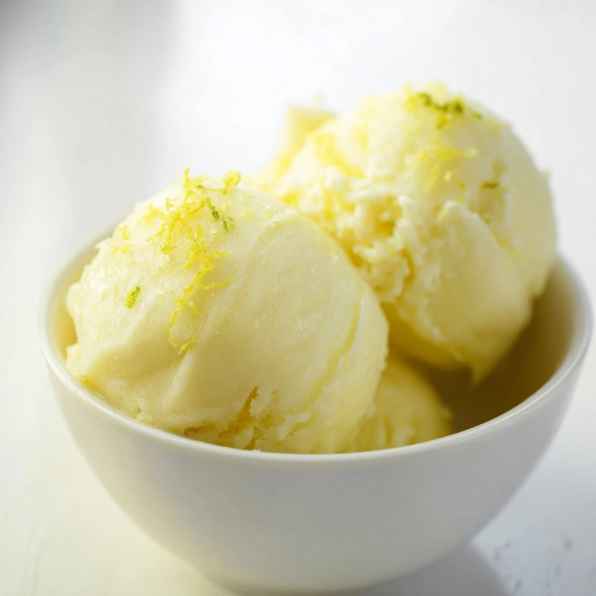 A vibrant scoop of lemon sorbet, a cool and tart frozen treat for a warm afternoon.