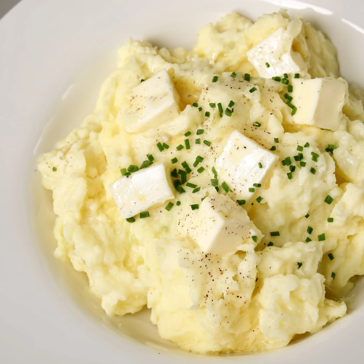 Fluffy, creamy mashed potatoes topped with fresh chives, a comforting side dish ready for serving.
