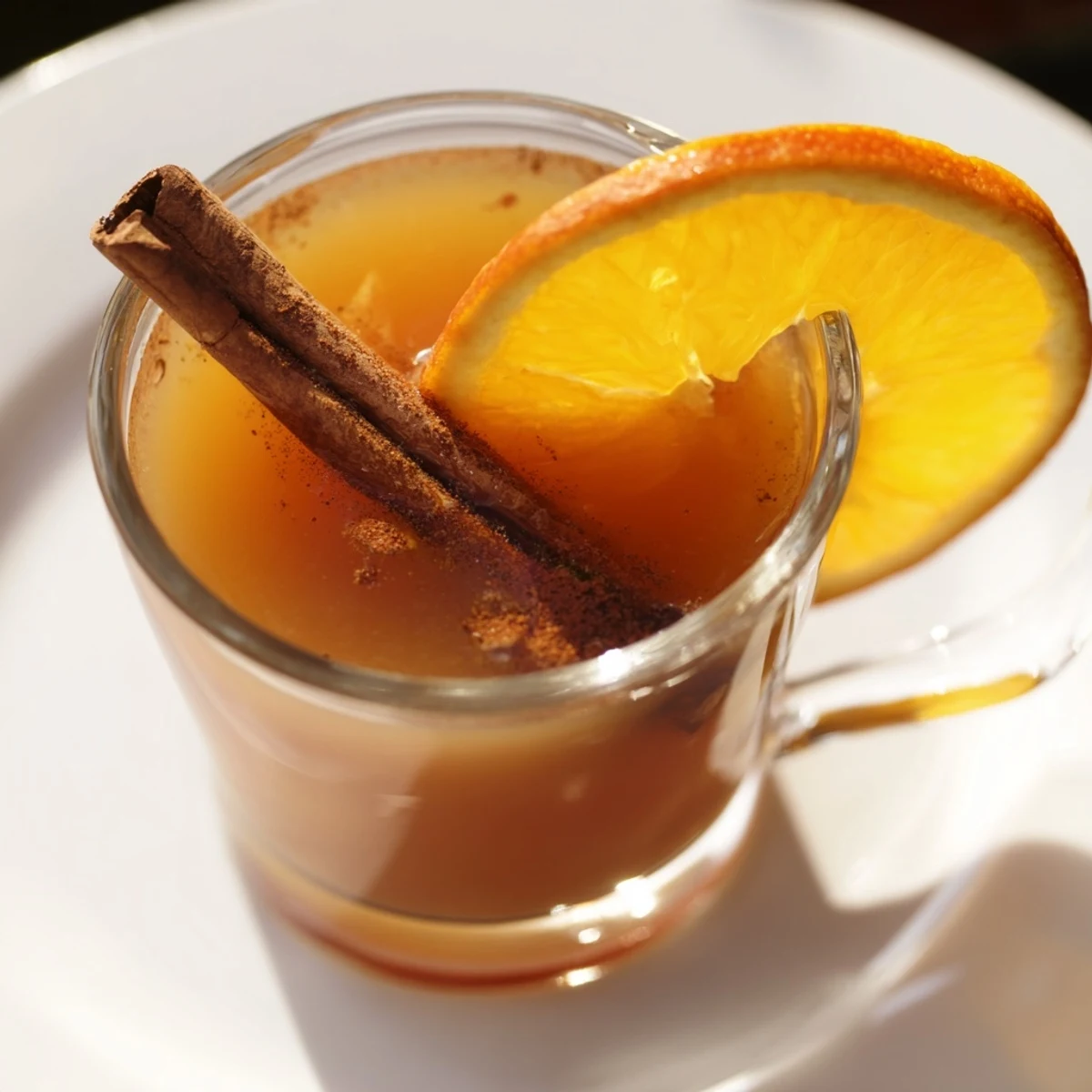 Steaming spiced drink in a mug, garnished with orange slices; perfect for fall gatherings.