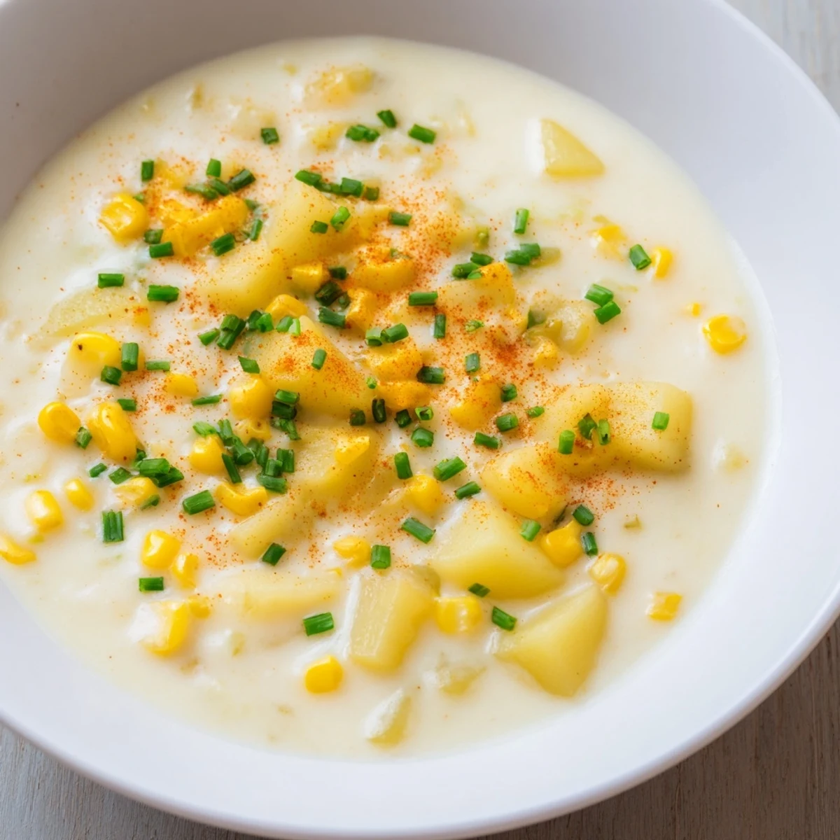 A bowl of creamy corn chowder, garnished with fresh chives, ready to eat.