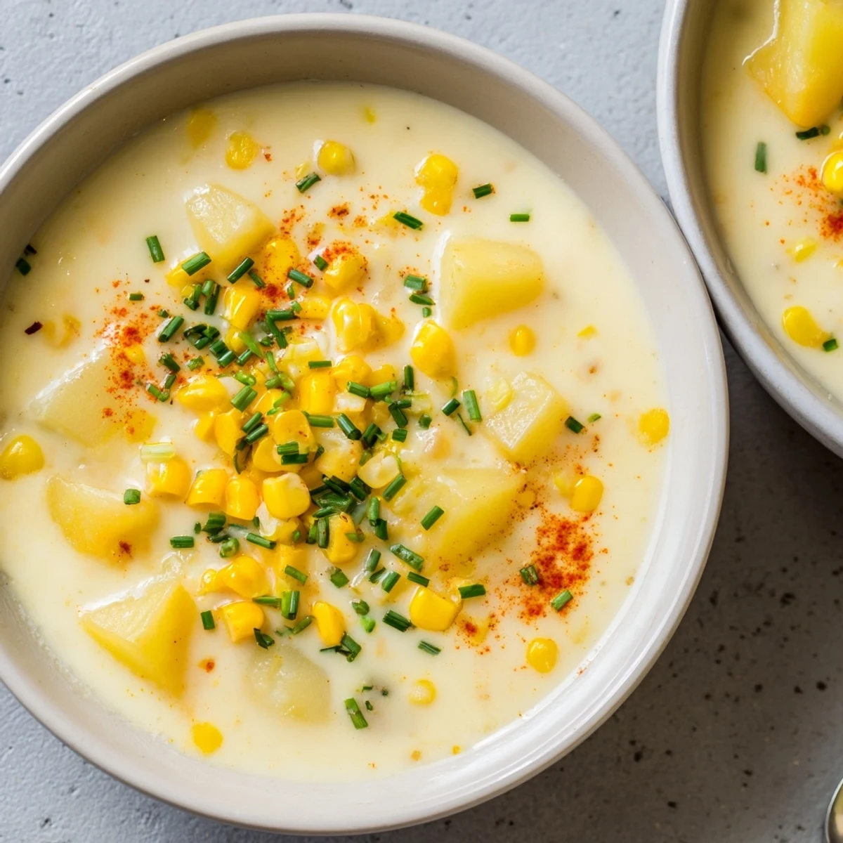 Golden-yellow creamy corn chowder, showcasing a swirl of rich texture, ideal for a comforting meal.