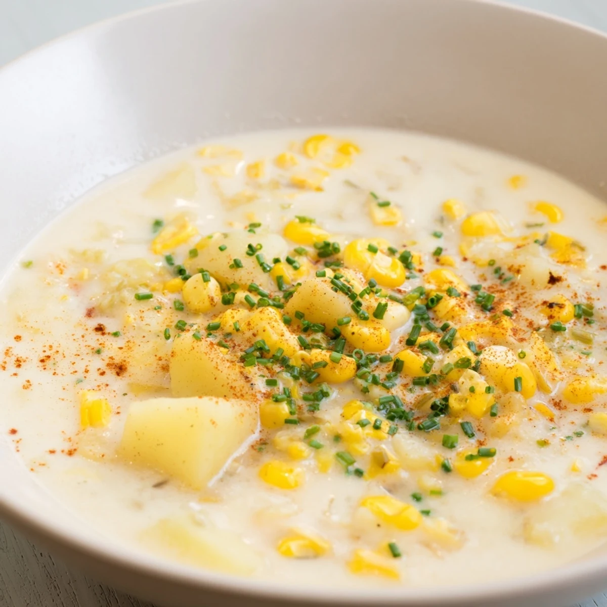 Smoked paprika adds depth to this creamy corn chowder, served in a rustic bowl.