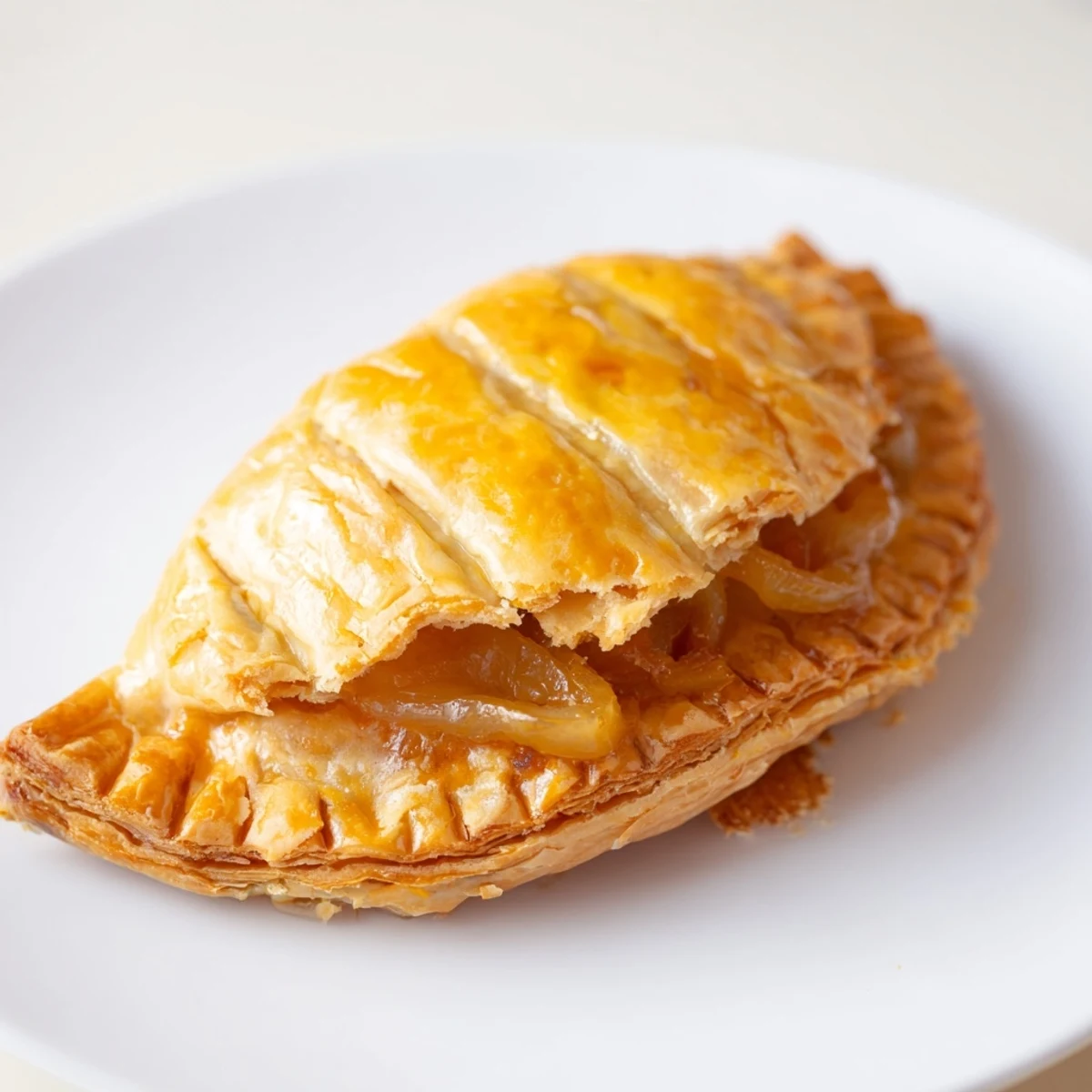 Close-up of a freshly baked Savory Cheese and Onion Pasty, showing its crispy, golden crust.
