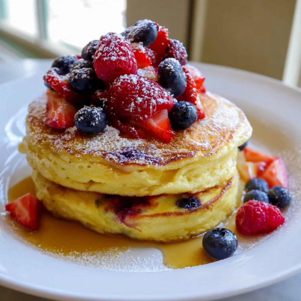 Golden, fluffy lemon and ricotta pancakes topped with sweet berries for a bright breakfast.