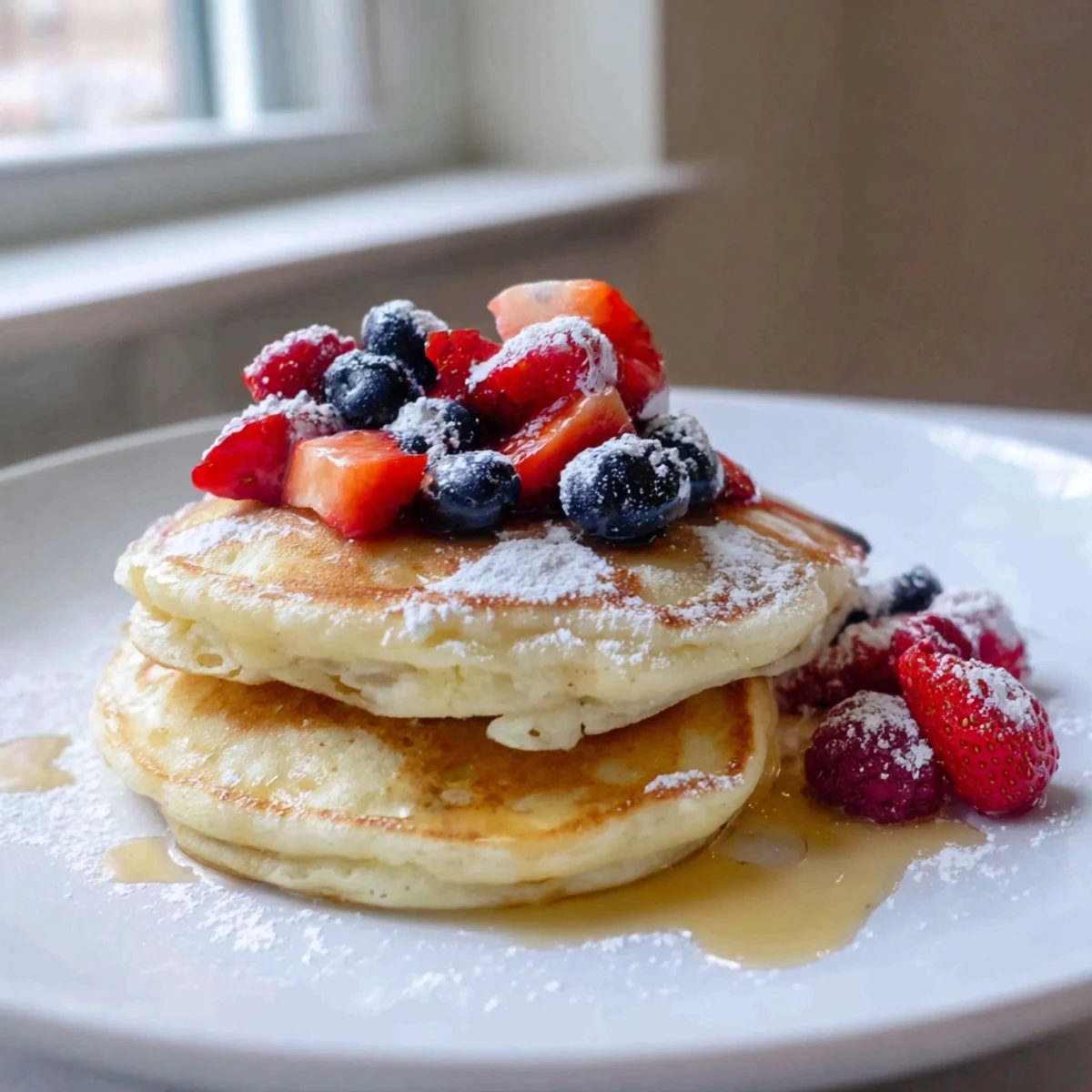 A stack of warm lemon and ricotta pancakes, beautifully garnished with fresh, juicy berries.