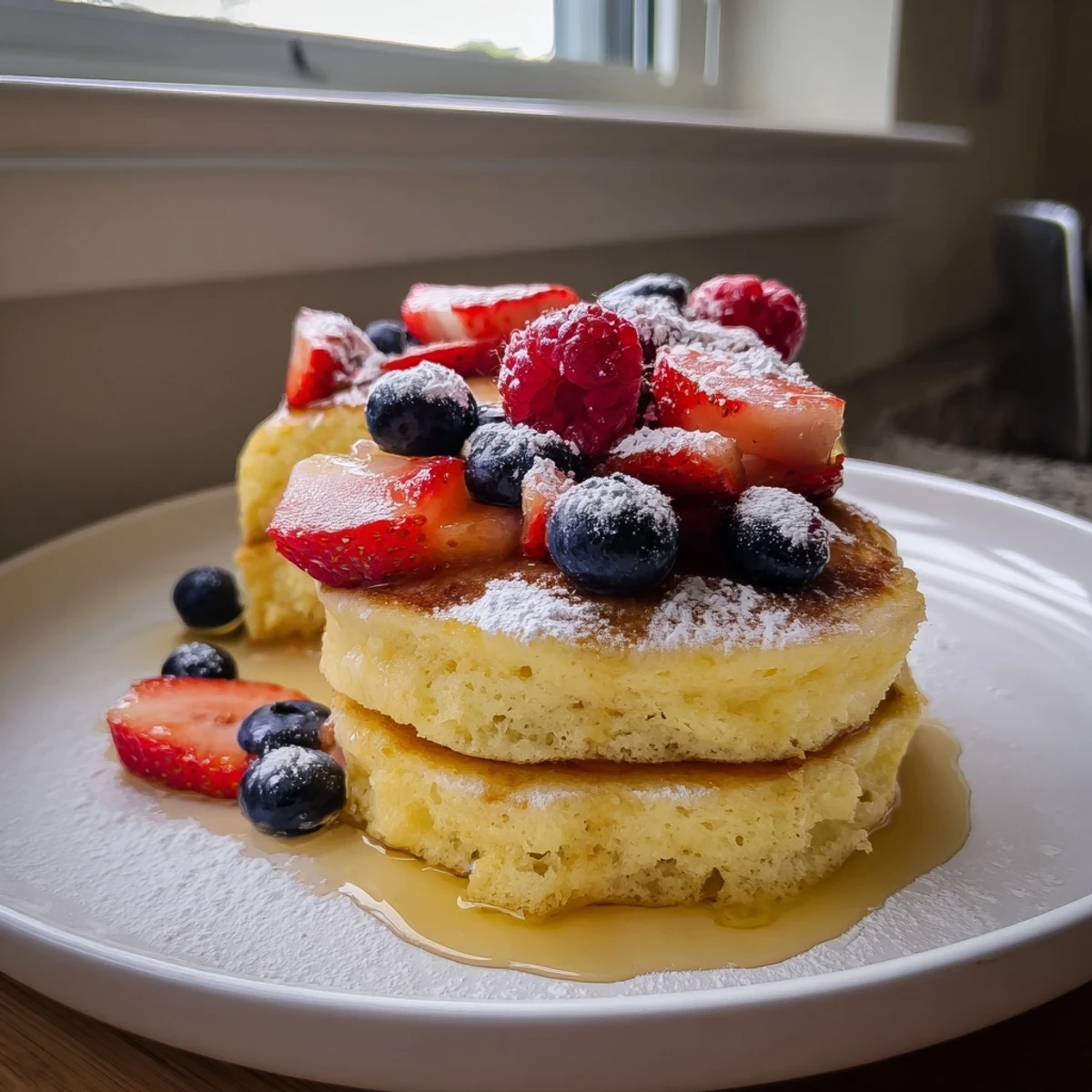 Homemade lemon and ricotta pancakes with a comforting aroma, ready to serve with berries and syrup.