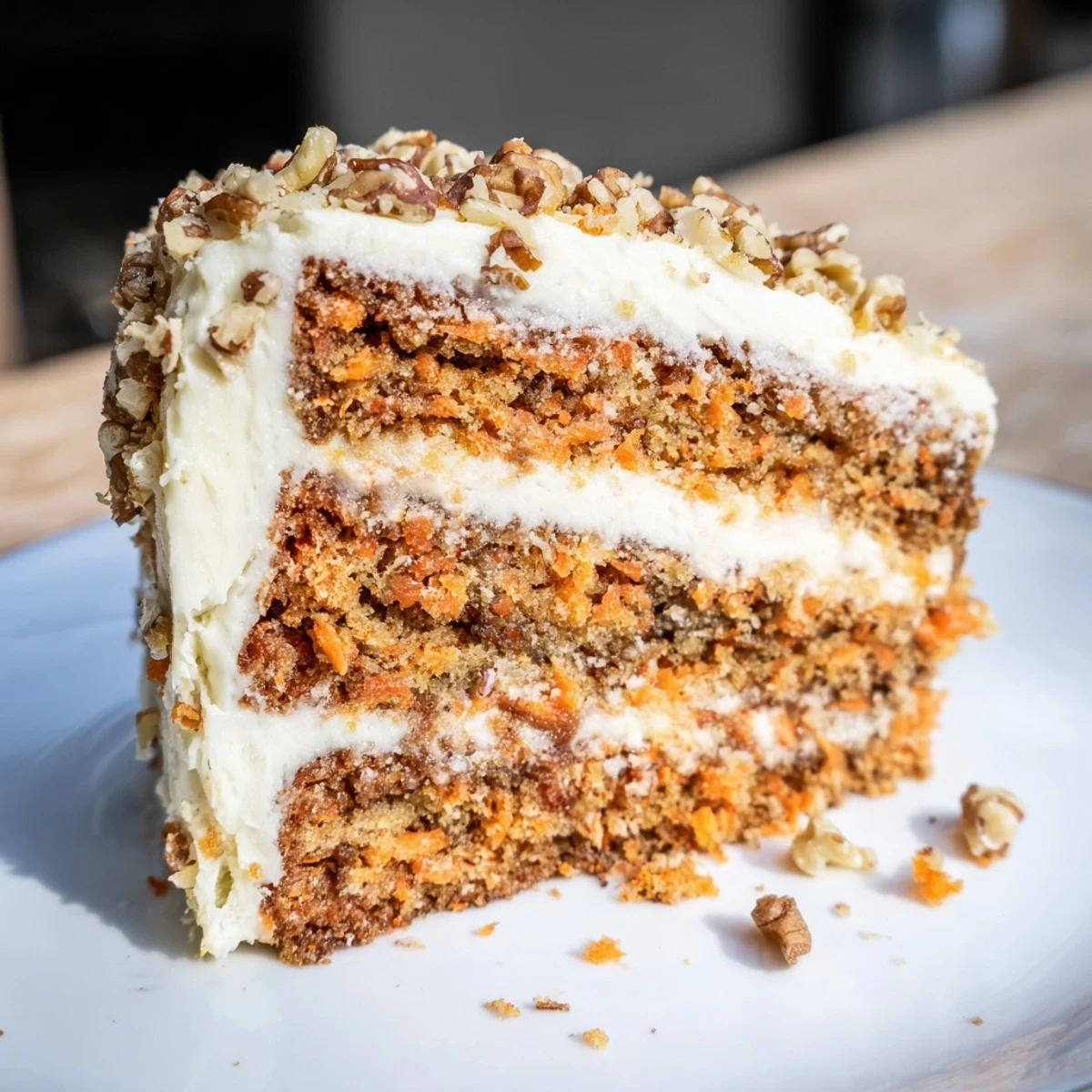Golden-brown Spiced Carrot Cake with walnuts, topped with creamy frosting, ready to serve.