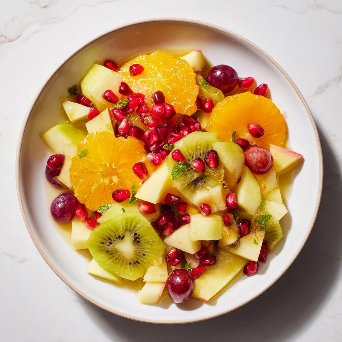 A colorful winter fruit salad with refreshing mint syrup, perfect for a light dessert.