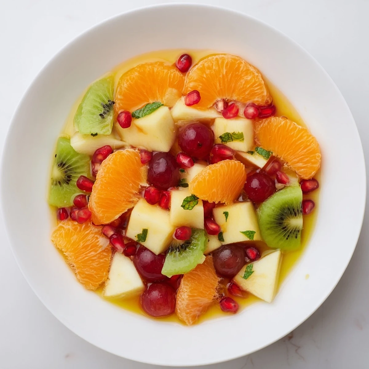 Bright, juicy winter fruit salad, drizzled with homemade mint syrup, ready to serve and enjoy.