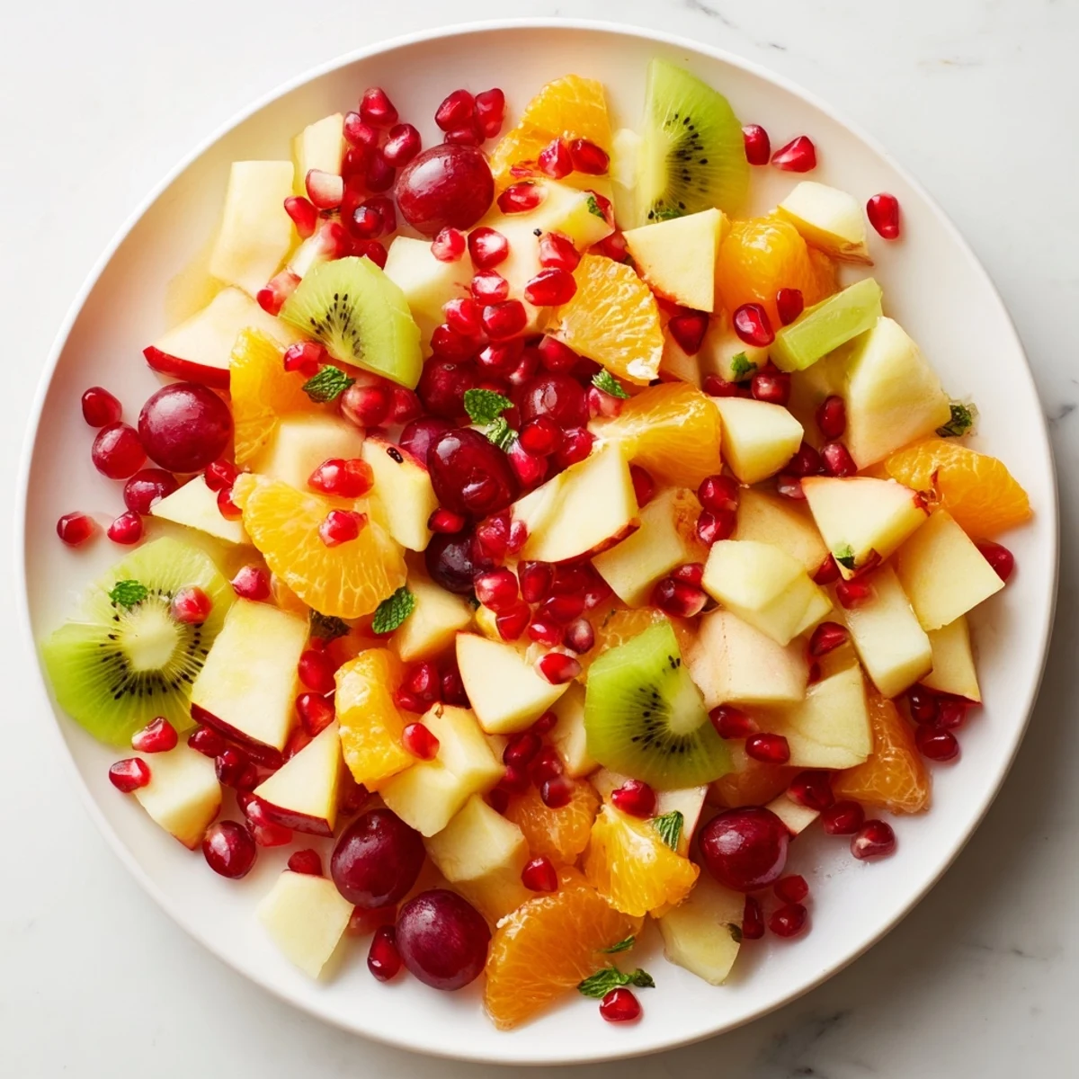 Vibrant winter fruit salad showcasing oranges, kiwi, and pomegranate, all lightly coated in mint syrup.