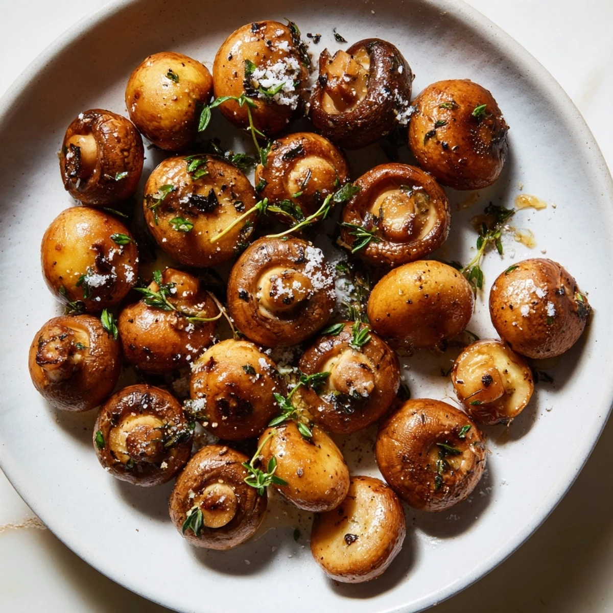 A close-up of savory Garlic and Herb Roasted Mushrooms, perfectly seasoned and glistening with olive oil and herbs.