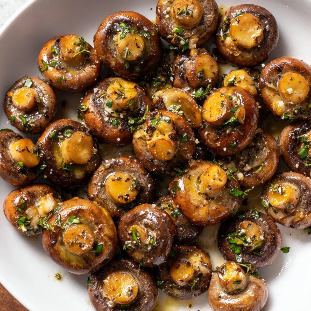 Golden-brown Garlic and Herb Roasted Mushrooms, sizzling on a baking sheet, ready to serve and enjoy.