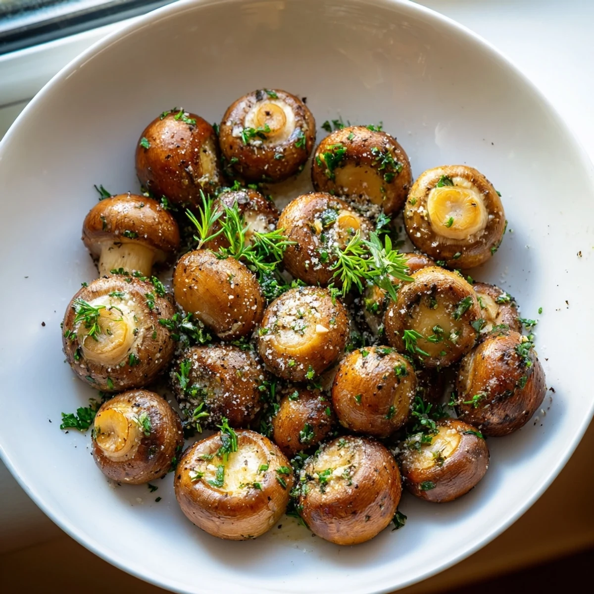 Fragrant and tender, these Garlic and Herb Roasted Mushrooms are an easy, delicious vegetarian side dish option.