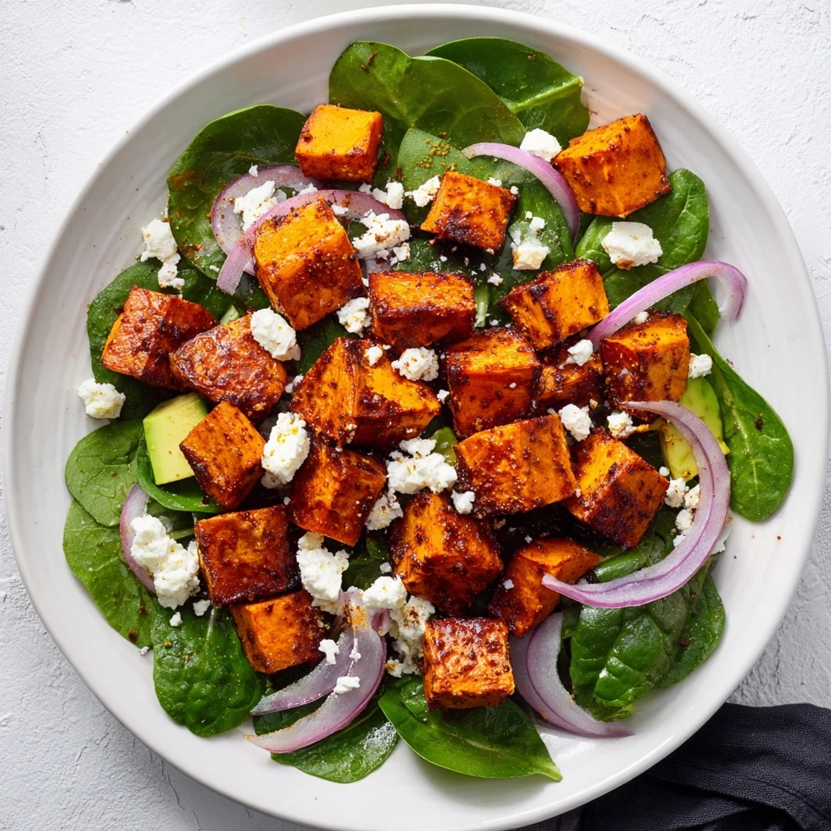 Golden roasted sweet potato and feta salad with crumbled feta and fresh greens.