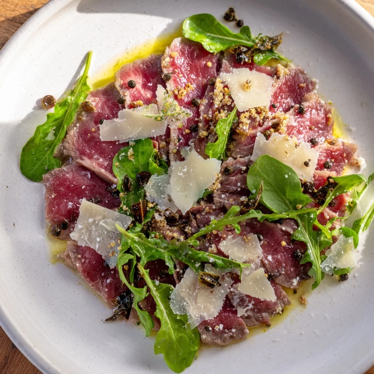 Thinly sliced beef carpaccio appetizer drizzled with olive oil, lemons, and topped with shaved Parmesan.