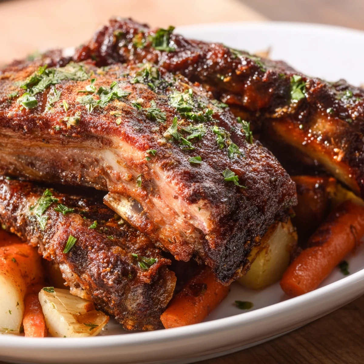 Golden-brown slow roasted turkey breast, succulent with crispy skin, presented with root vegetables.