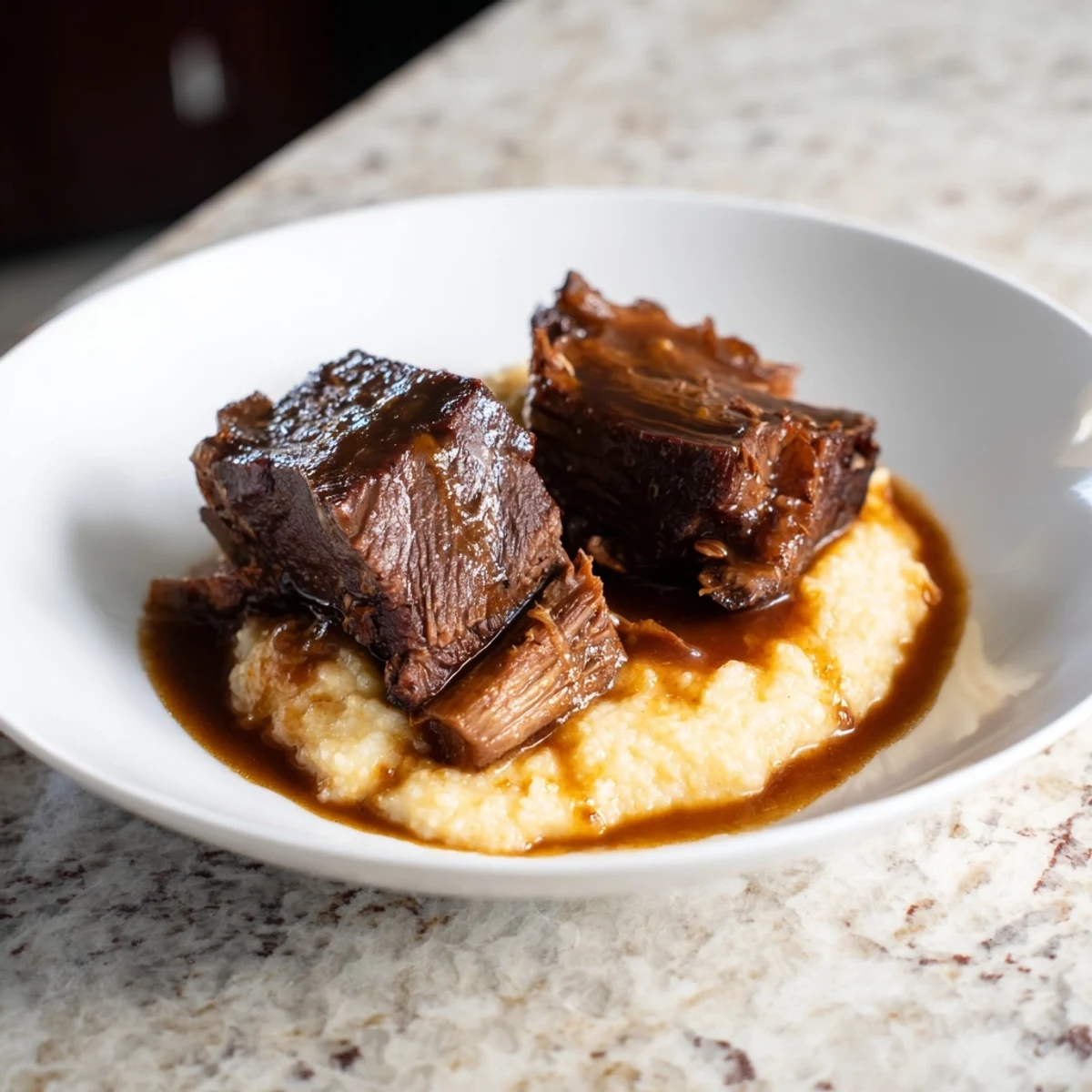 Slow-cooked braised beef cheeks with its flavorful red wine sauce, spooned over fluffy polenta.