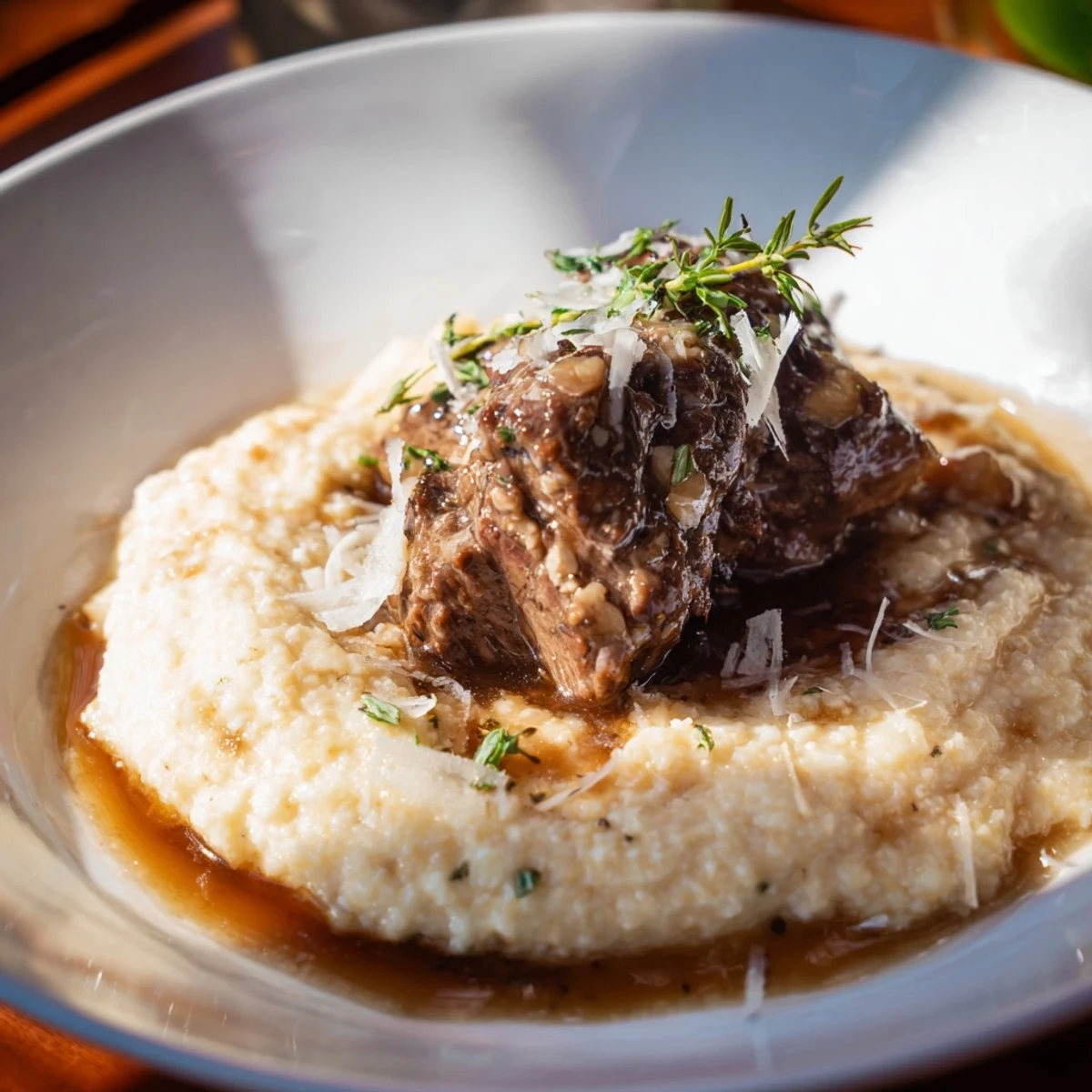 Tender, fall-apart braised beef cheeks glistening in rich sauce, served with creamy polenta ready to savor.