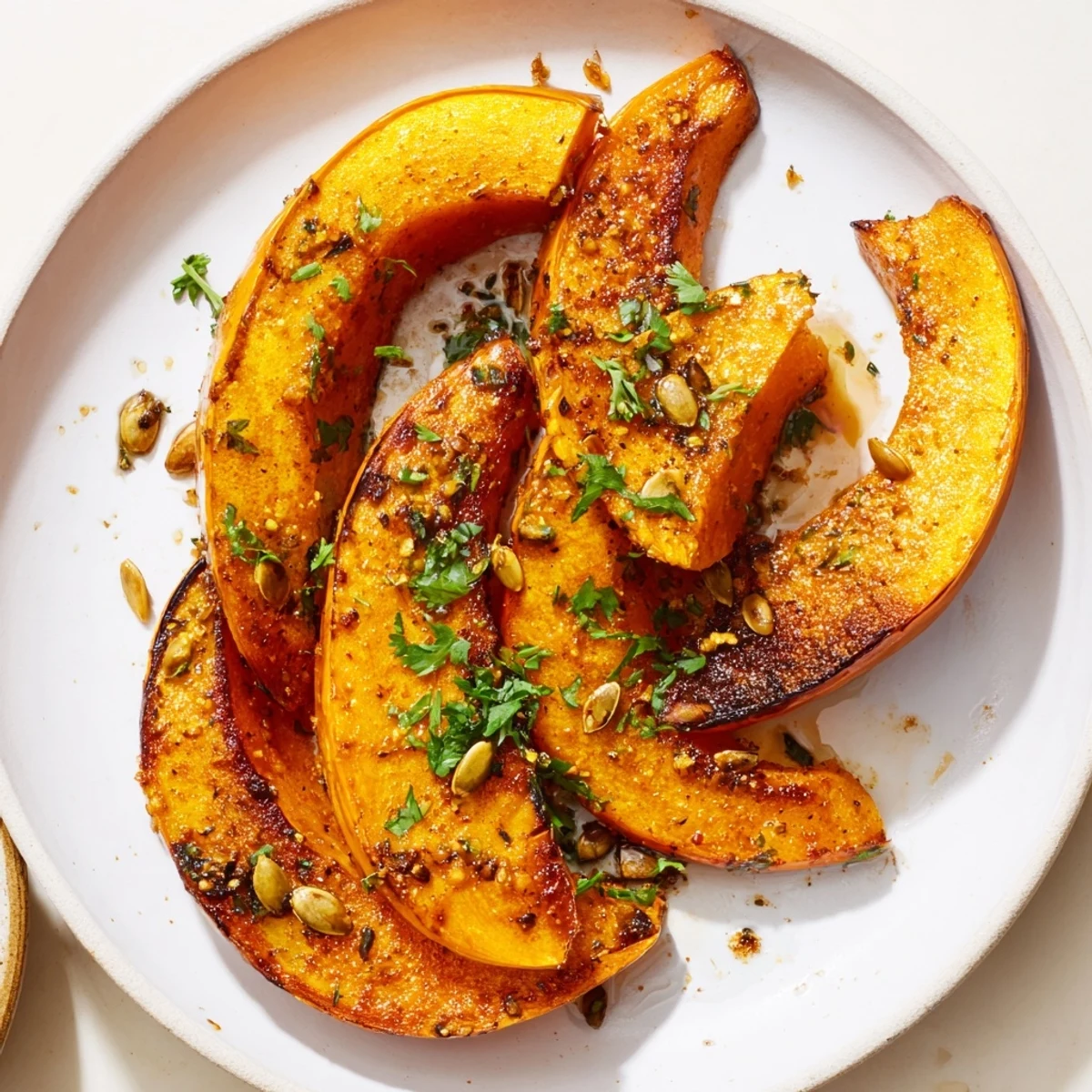 Golden-brown roasted pumpkin wedges glistening with olive oil, seasoned with smoky paprika, ready to eat.