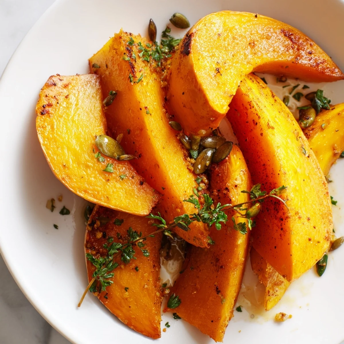 Spiced roasted pumpkin wedges, tender and caramelized, served on a platter, perfect for a fall side.