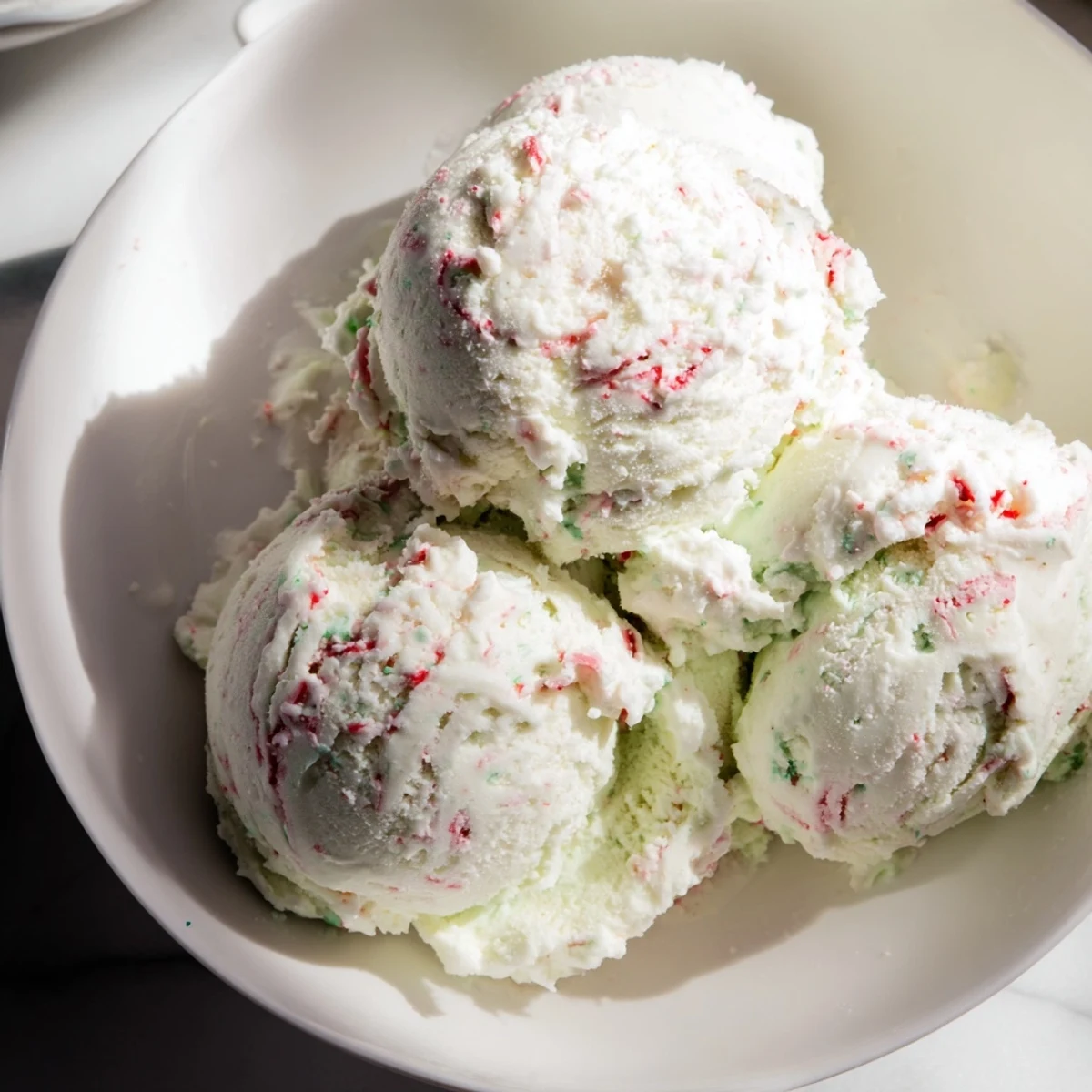 Creamy homemade Peppermint Ice Cream overflowing with crushed candy canes, perfect for a cold dessert.