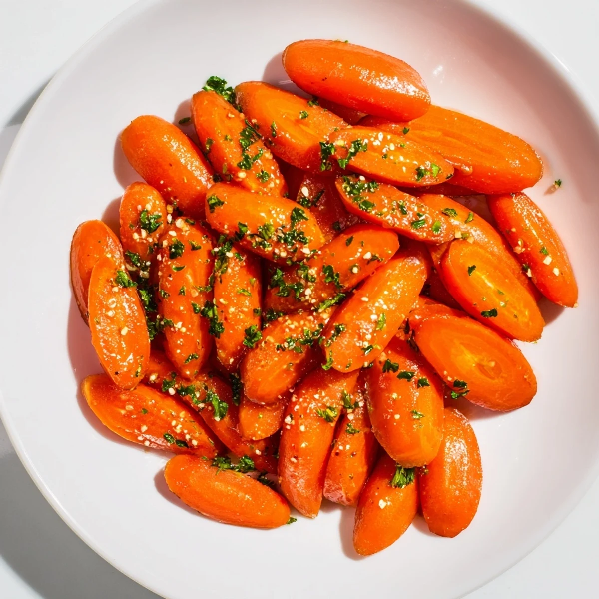 Golden glazed carrots shimmering, a sweet and savory side dish ready to be served.