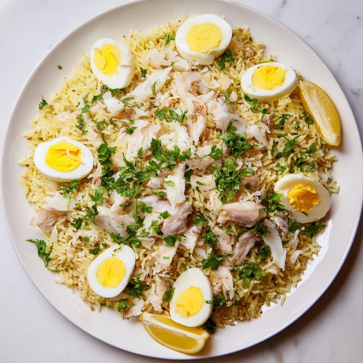 Creamy Smoked Haddock Kedgeree, fragrant rice with flaked fish, herbs, and soft boiled eggs.