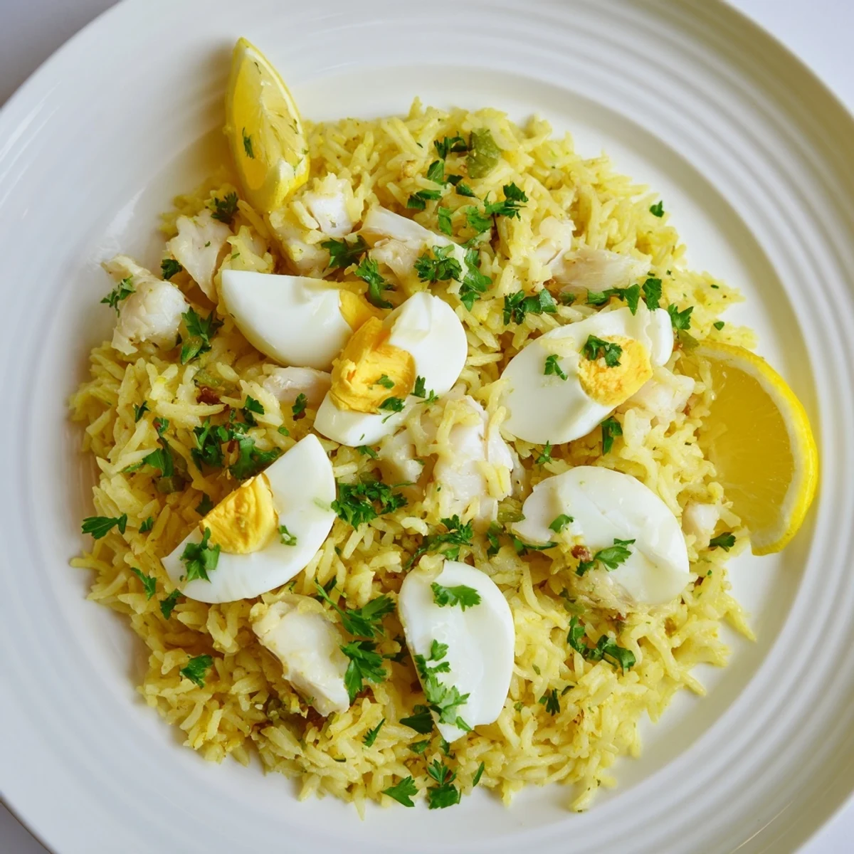 A beautifully plated Smoked Haddock Kedgeree, showcasing fluffy rice and vibrant fresh herbs ready to enjoy.