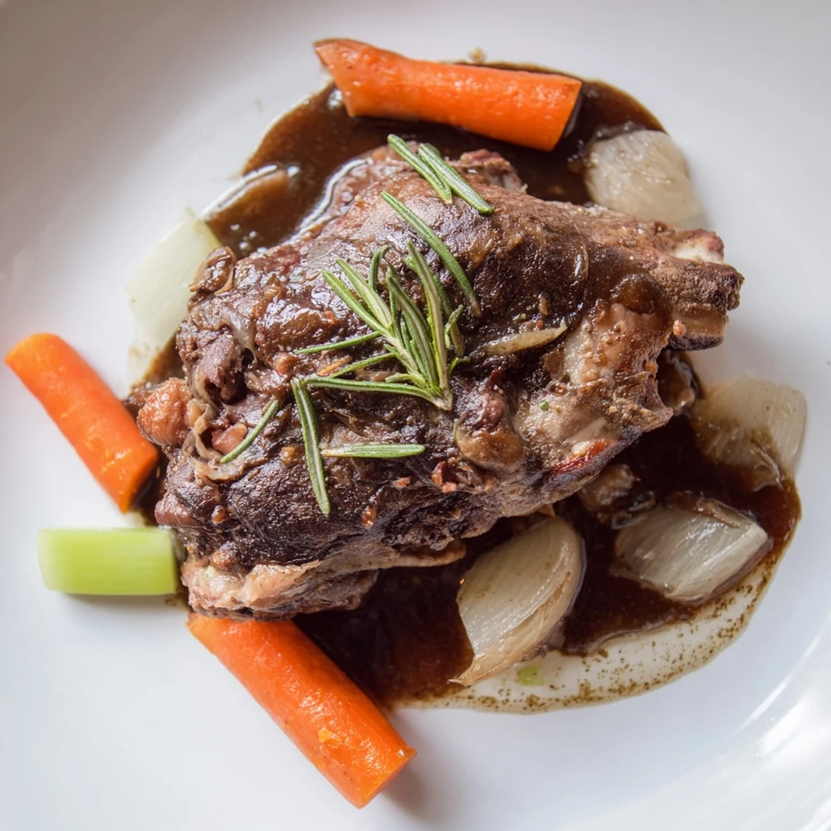 Slow Cooked Lamb, fall-apart tender, served with roasted vegetables and a rich, flavorful sauce.