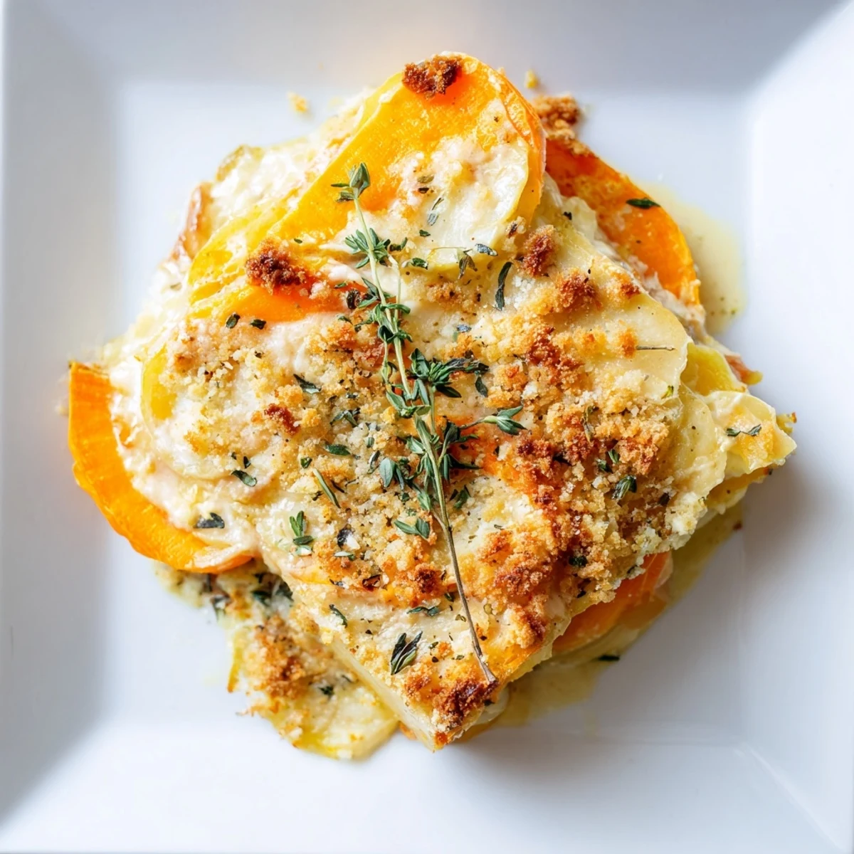 Winter Vegetable Gratin bubbling golden brown, filled with layered, tender vegetables and cheesy top.