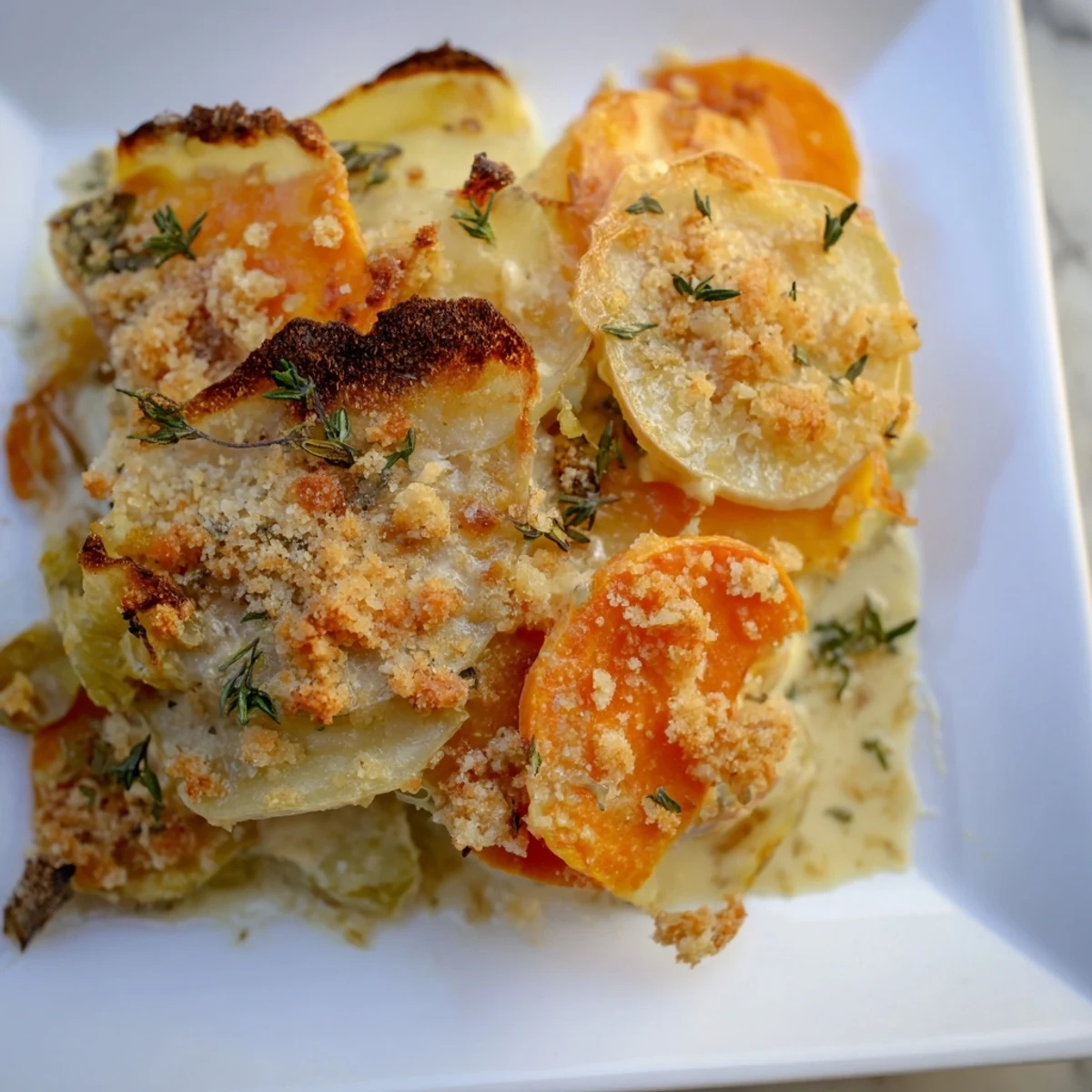 This hearty Winter Vegetable Gratin features a creamy, cheesy sauce, perfect for a cozy dinner.