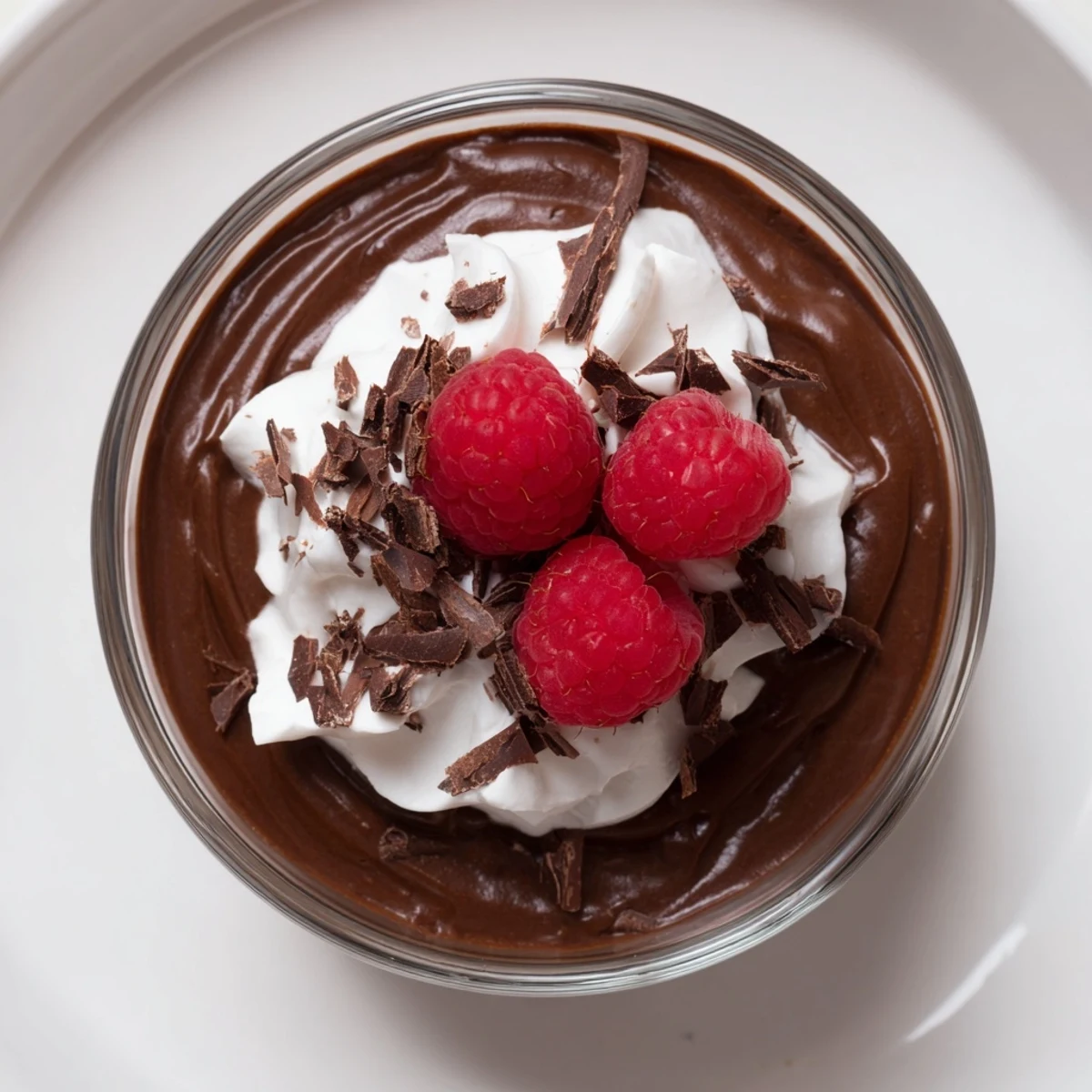 Decadent dark chocolate mousse: a rich, airy dessert garnished with fresh raspberries and whipped cream.