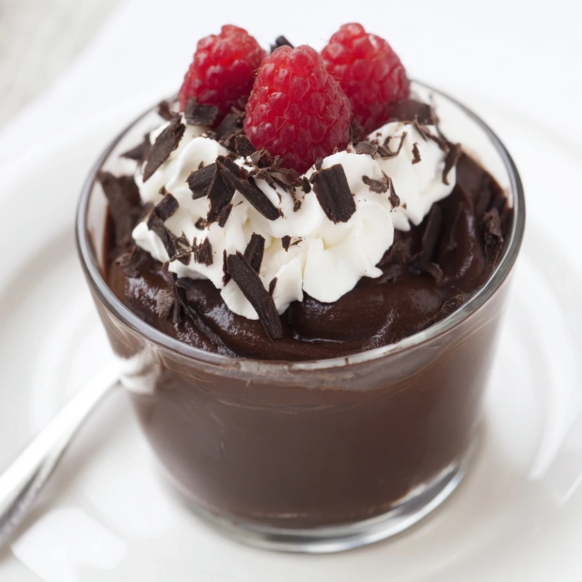 Elegant serving of dark chocolate mousse, its intense flavor balanced by a dusting of chocolate shavings.