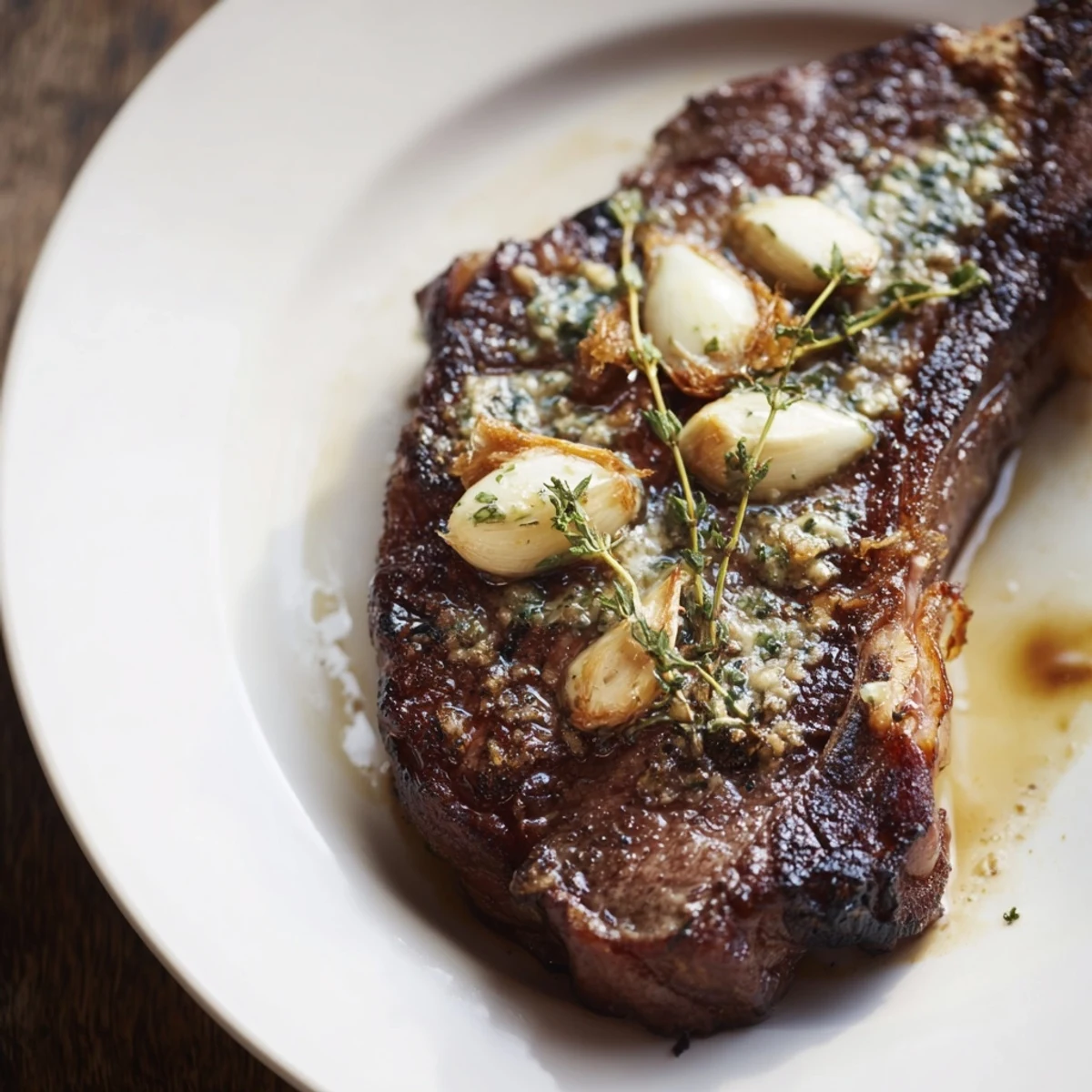 Golden-brown crust on a juicy Pan Seared Steak, perfectly cooked with garlic butter.