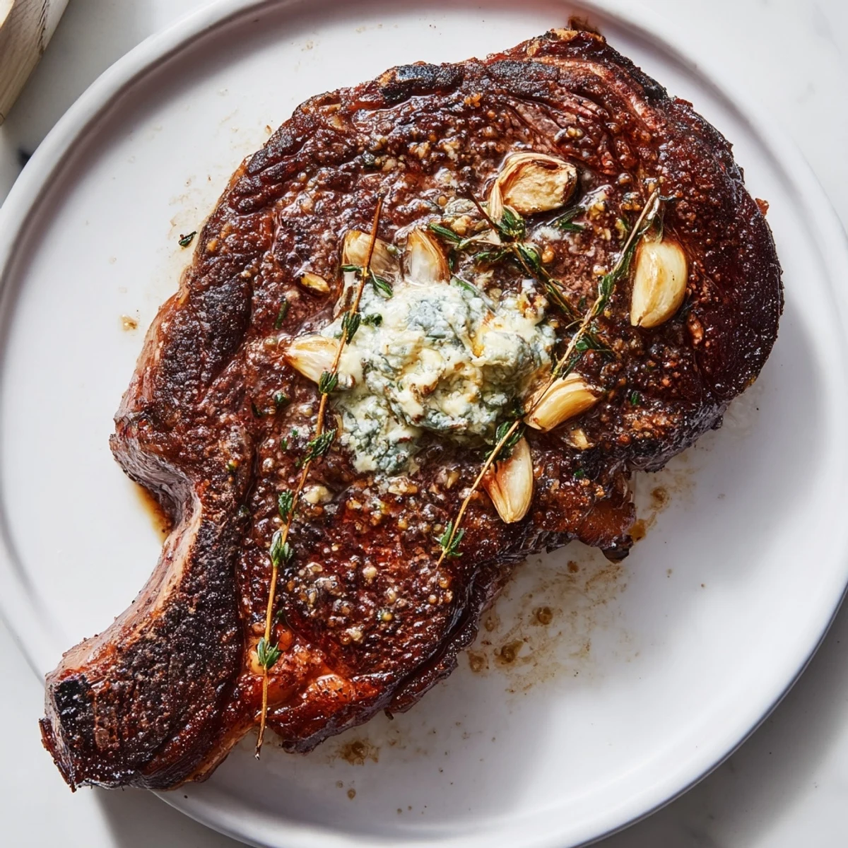 Sizzling Pan Seared Steak, cooked to a perfect medium-rare, served with herb-infused butter.